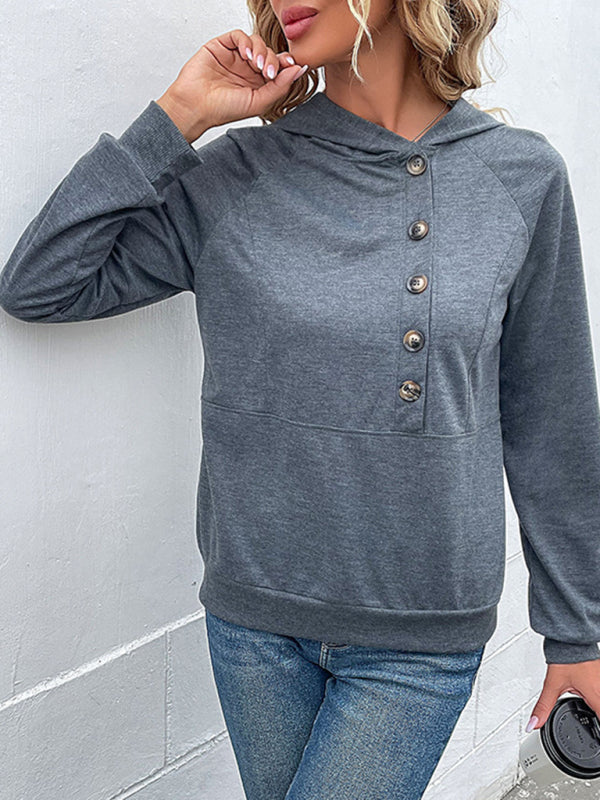 New women's long-sleeved hooded open button collar solid color sweater