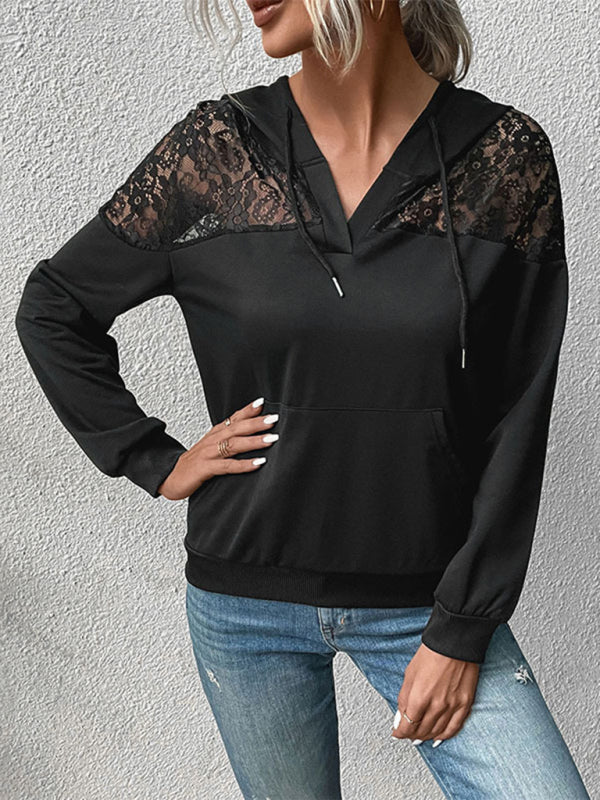 New long-sleeved black lace stitching women's hooded sweater