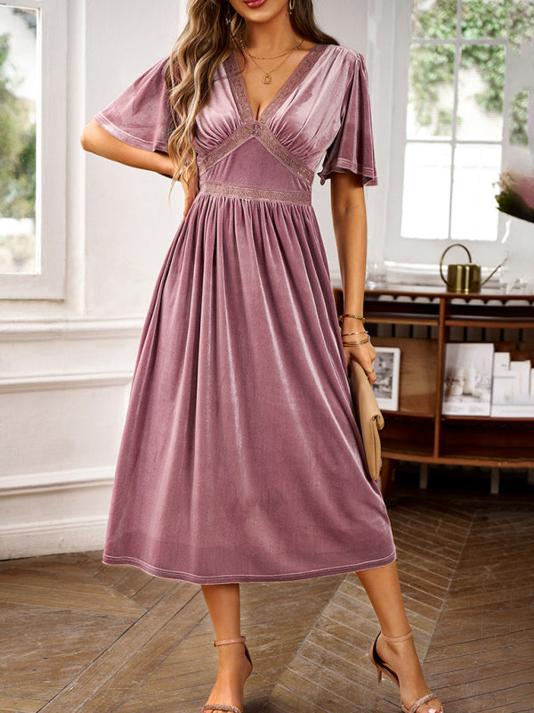 New elegant V-neck short-sleeved velvet dress