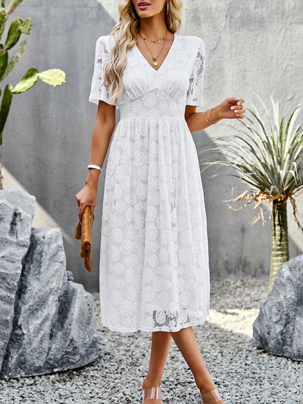 New women's temperament elegant waist V-neck lace dress