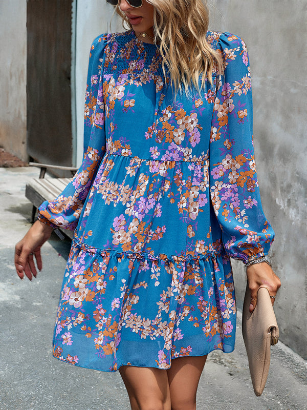 Floral Print Round Neck Skirt Chiffon Layered Dress