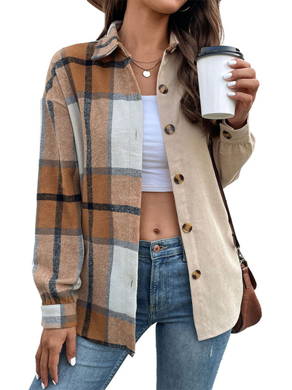 Women's autumn new long-sleeved plaid color block jacket