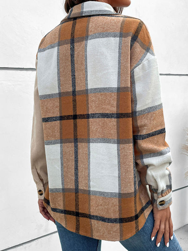 Women's autumn new long-sleeved plaid color block jacket