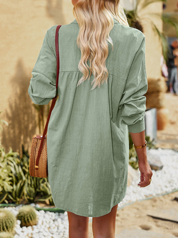 Women's temperament commuting solid color long-sleeved top shirt dress