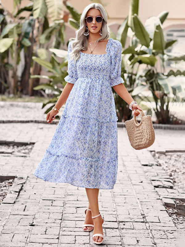 puff sleeve narrow waist large skirt floral print dress