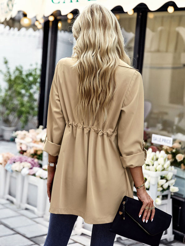 Women's fashion lapel drawstring trench coat