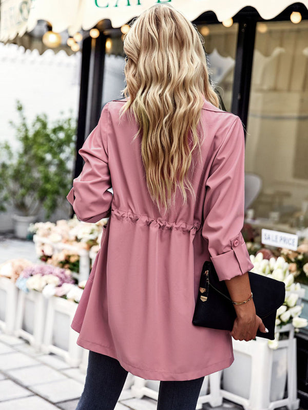 Women's fashion lapel drawstring trench coat