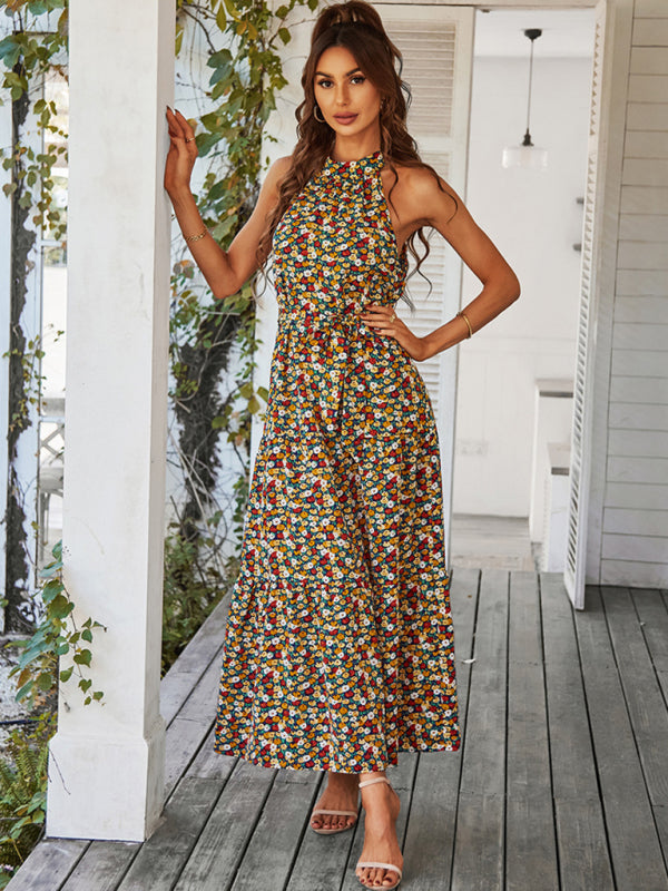 Multi-tiered floral-print resort dress with swing