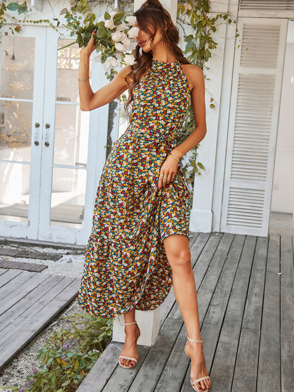 Multi-tiered floral-print resort dress with swing