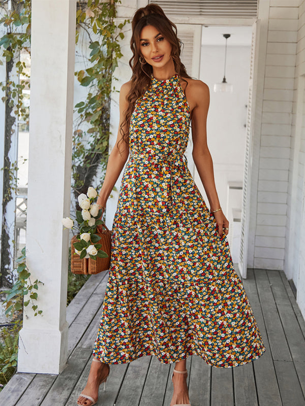 Multi-tiered floral-print resort dress with swing