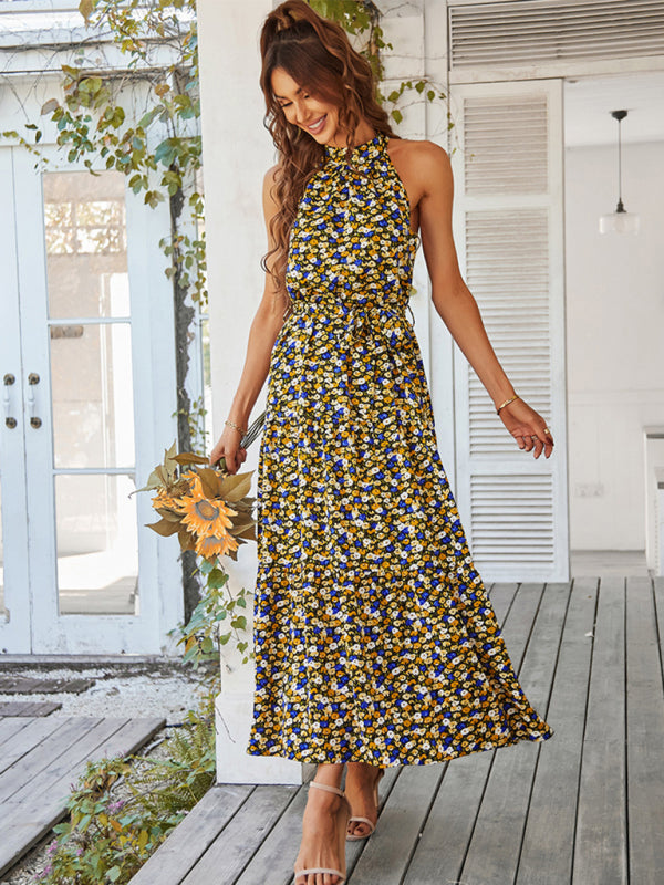 Multi-tiered floral-print resort dress with swing