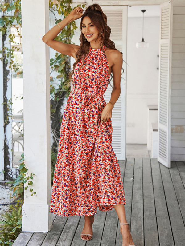 Multi-tiered floral-print resort dress with swing