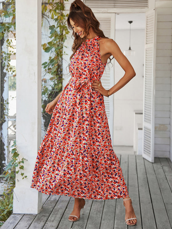 Multi-tiered floral-print resort dress with swing