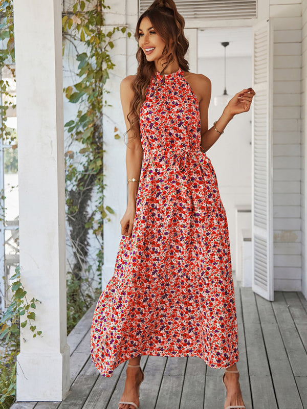 Multi-tiered floral-print resort dress with swing