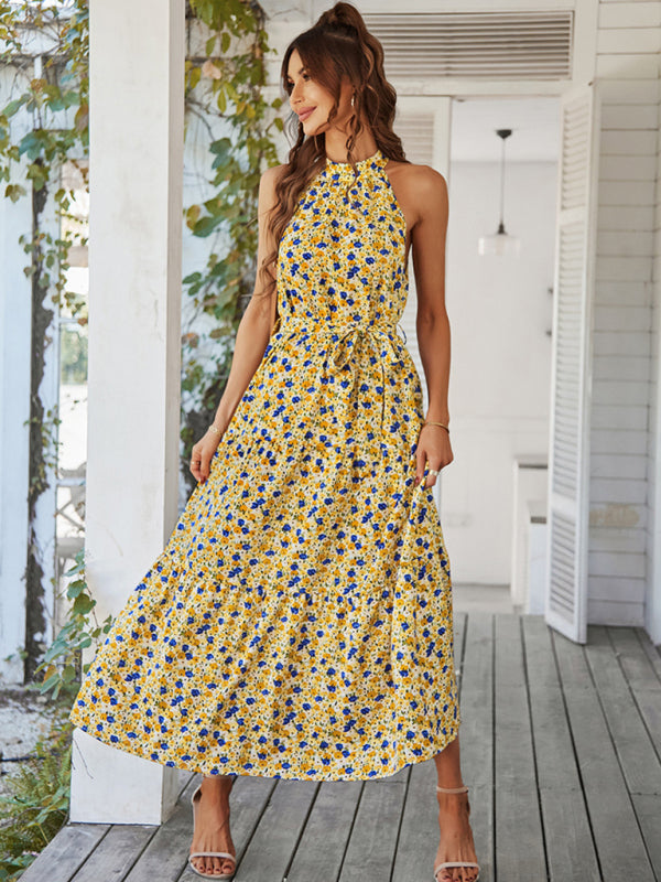 Multi-tiered floral-print resort dress with swing