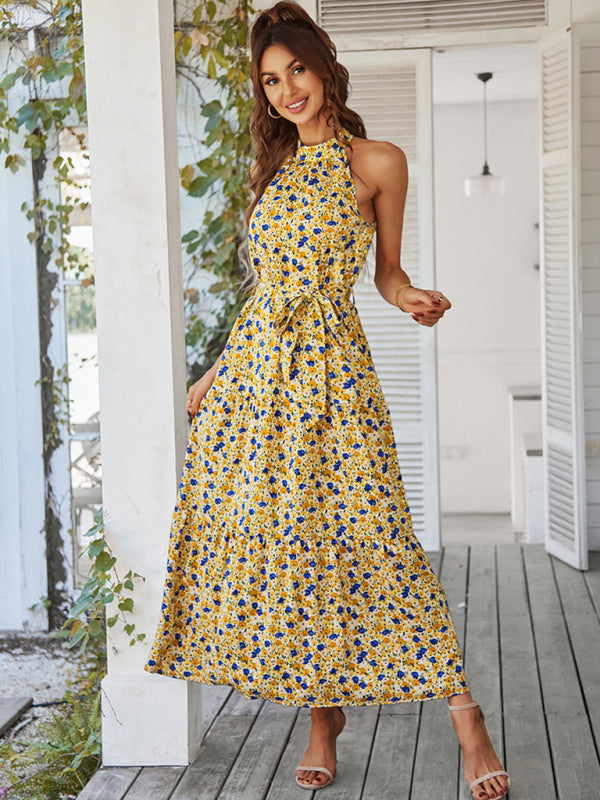 Multi-tiered floral-print resort dress with swing