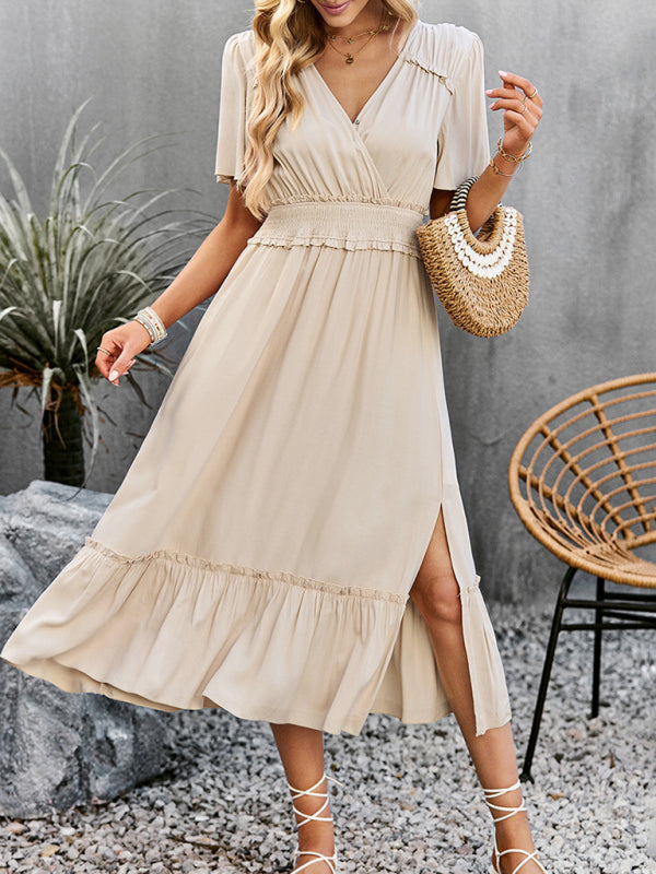 V-neck dress elegant waist slit long skirt