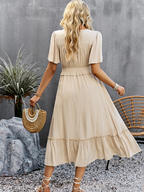 V-neck dress elegant waist slit long skirt