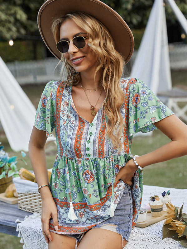 Bohemian Print Casual Resort Style Short Sleeve Ladies Top