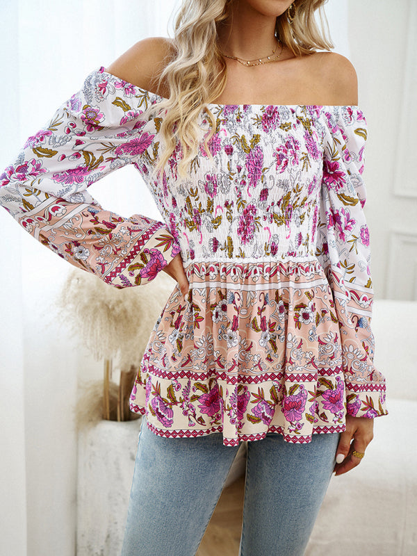 New Women's Floral Square Neck Long Sleeve Top