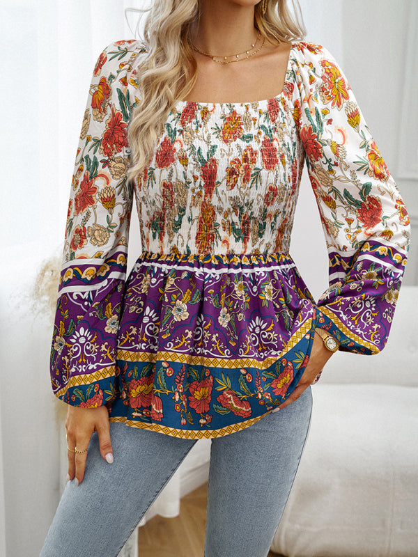 New Women's Floral Square Neck Long Sleeve Top