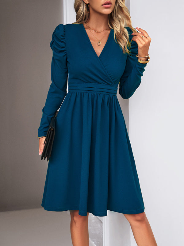 Ladies Fashion Elegant Solid Color V-neck Long Sleeve Dress