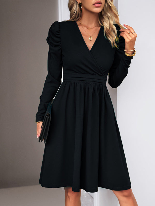 Ladies Fashion Elegant Solid Color V-neck Long Sleeve Dress