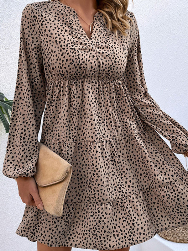 Pleated leopard-print puff-sleeved long-sleeved layered skirt dress