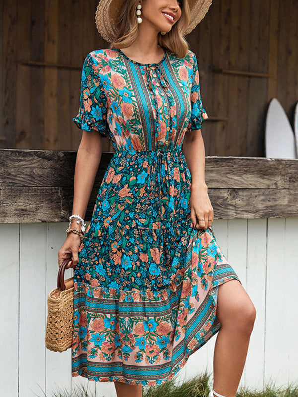 Bohemian Resort Print Button Tie Dress