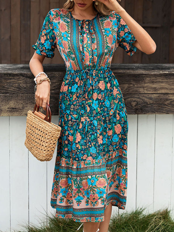 Bohemian Resort Print Button Tie Dress