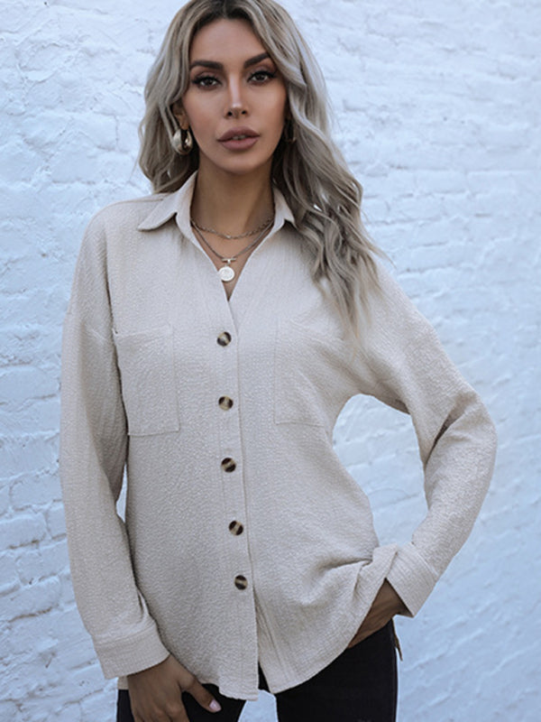 Fashion Ladies Long Sleeve Solid Color Lapel Mid Length Vintage Shirt