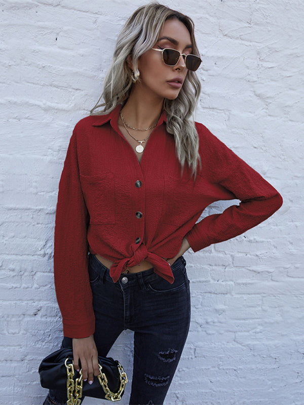 Fashion Ladies Long Sleeve Solid Color Lapel Mid Length Vintage Shirt