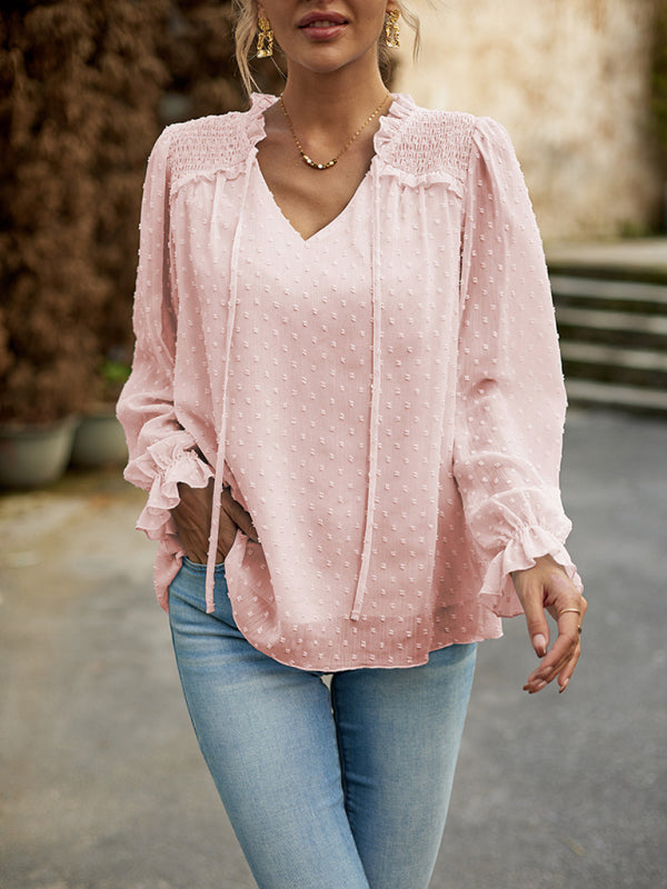 Temperament and elegant v-neck knotted long-sleeved top blouse