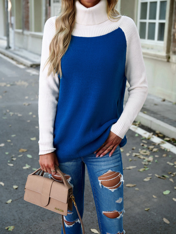 New women's color contrast turtleneck solid color sweater