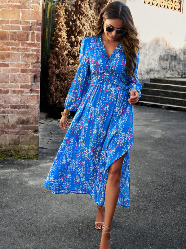 Women's Fashion V Neck Long Sleeves Elegant Chiffon Casual Dress