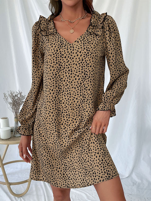 women's new long sleeve leopard print loose dress