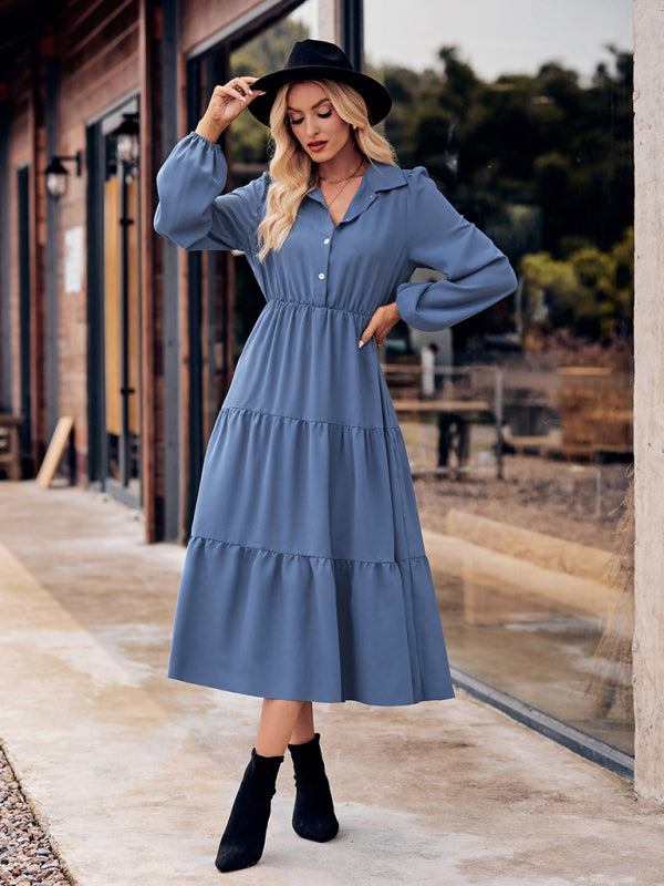 Casual Shirt Collar Button Waist Long Sleeve Dress