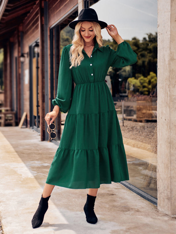 Casual Shirt Collar Button Waist Long Sleeve Dress