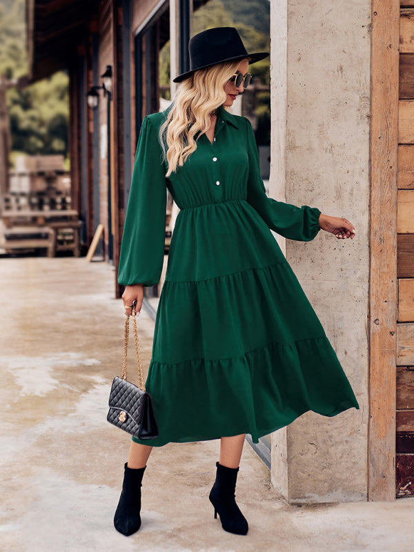 Casual Shirt Collar Button Waist Long Sleeve Dress