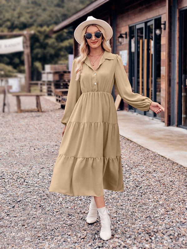 Casual Shirt Collar Button Waist Long Sleeve Dress