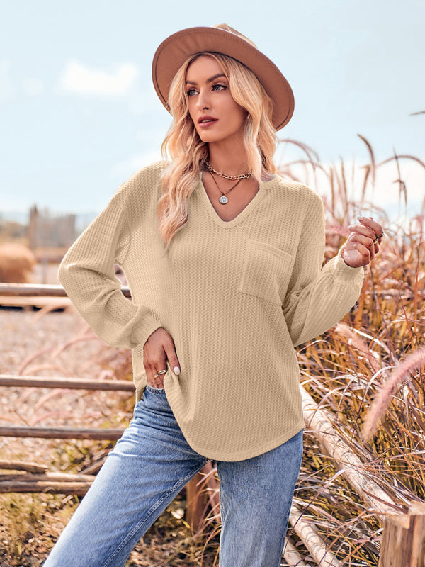 V Neck Casual Slim Long Sleeve Top with Pockets