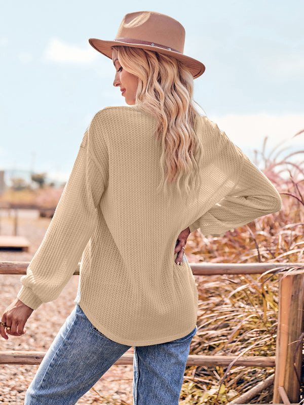 V Neck Casual Slim Long Sleeve Top with Pockets