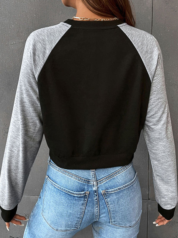 Women's Color Block Long Sleeve Cropped Sweatshirt