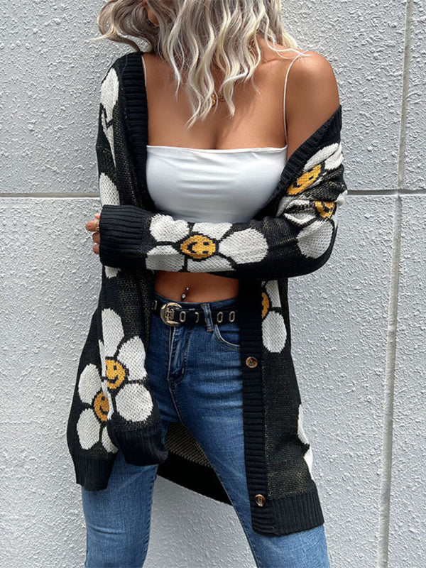 Women's mid length floral long sleeve sweater cardigan