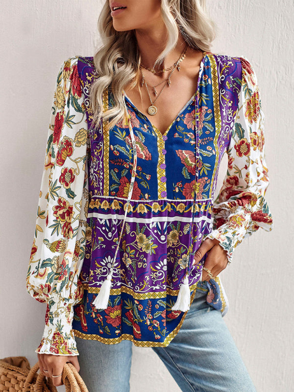 Bohemian casual style cotton printed long-sleeved shirt for women