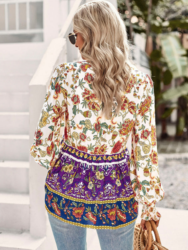 Bohemian casual style cotton printed long-sleeved shirt for women