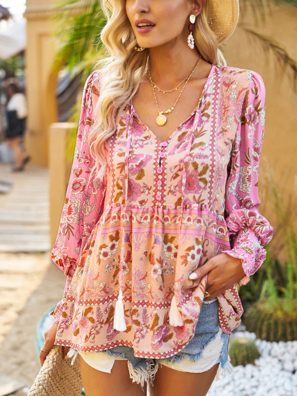 Bohemian casual style cotton printed long-sleeved shirt for women