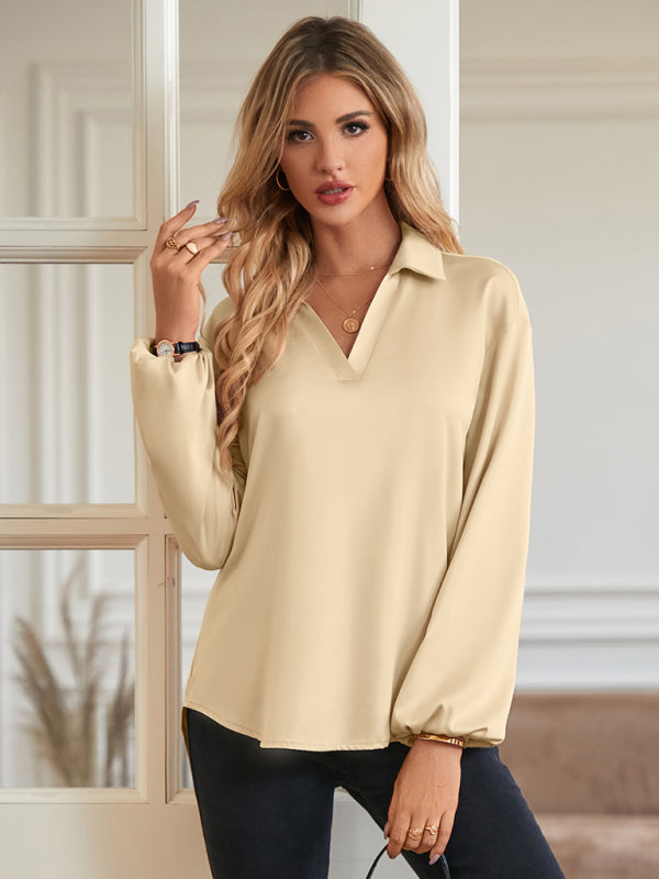 Loose V-neck knotted long-sleeved trendy blouse