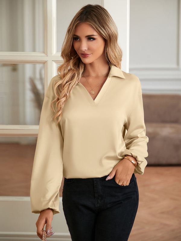 Loose V-neck knotted long-sleeved trendy blouse