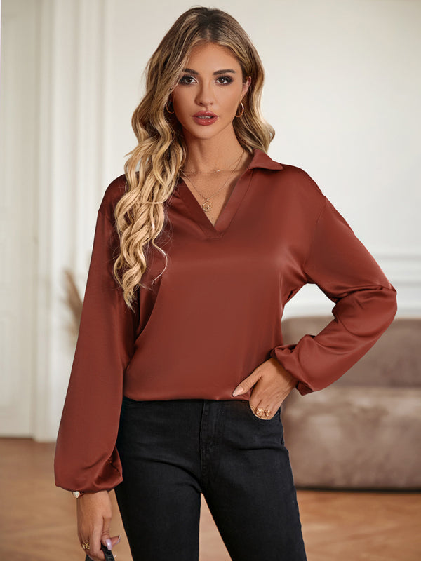 Loose V-neck knotted long-sleeved trendy blouse